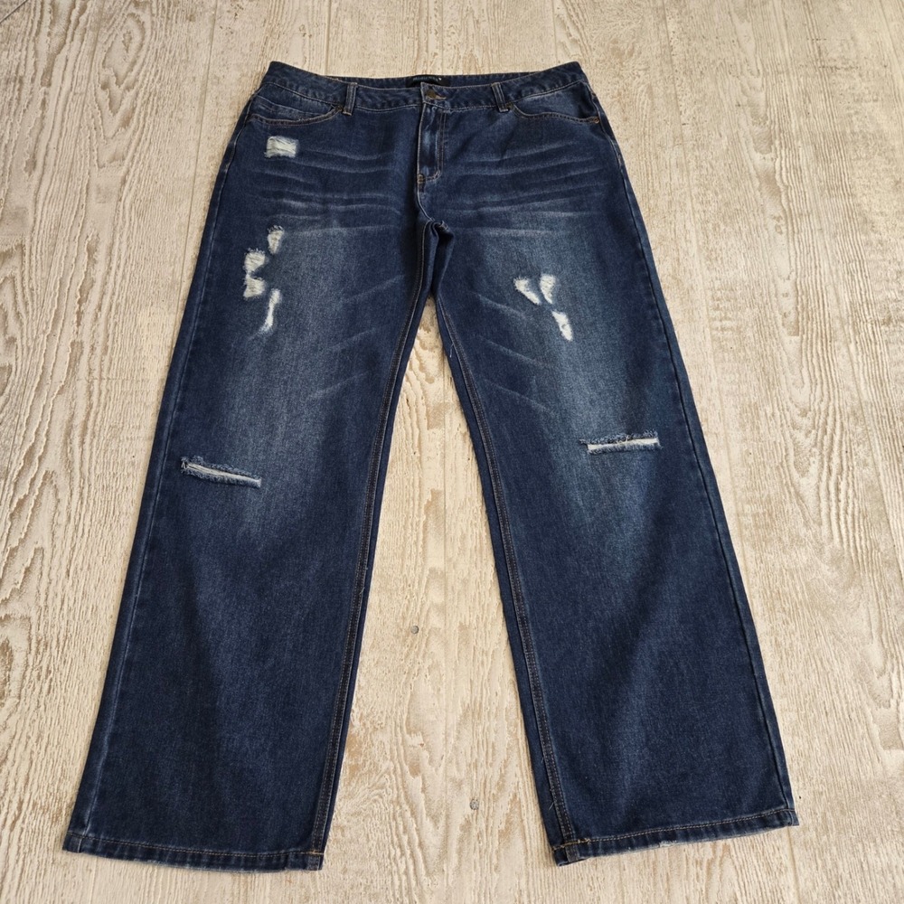 Midiross Womens Y2K Streetwear Wide Leg Jeans Dark Wash Ripped Denim Pants XL
